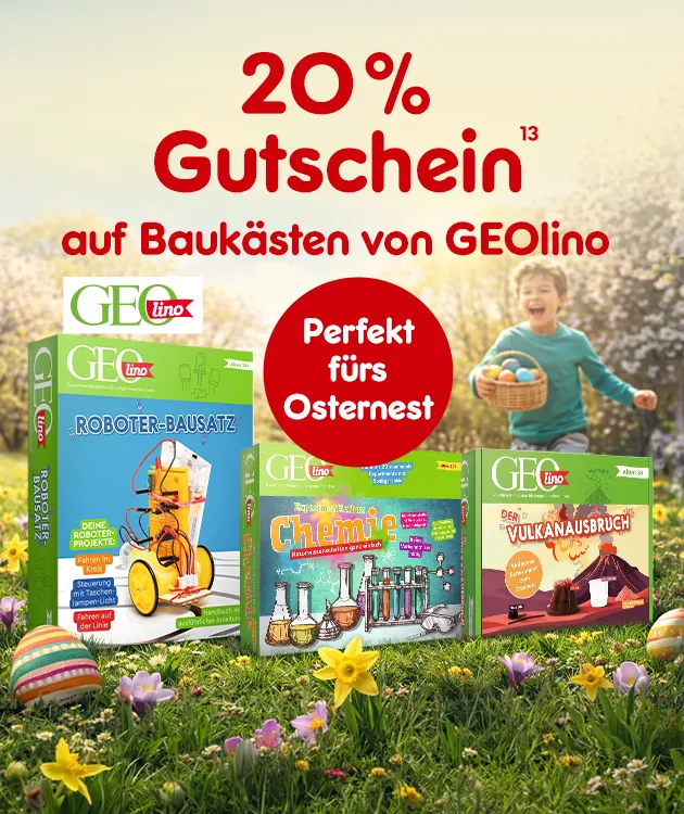 20% Gutschein auf Bauk&auml;sten von Geolino. Perfekt f&uuml;rs Osternest mit Hochzahl 13.