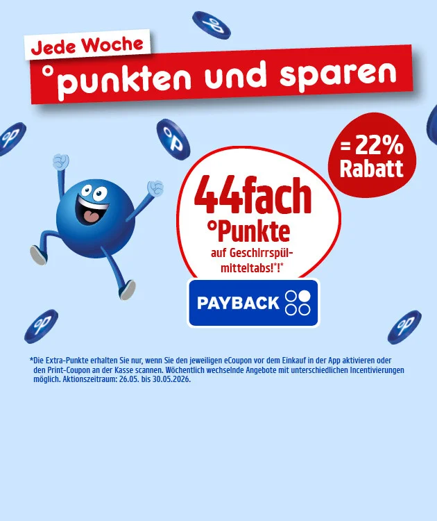Diese Grafik zeigt eine hellblaue PAYBACK‑Aktionsgrafik von Netto mit mehreren fliegenden blauen PAYBACK‑Punkten im Hintergrund. Oben links steht &bdquo;Jede Woche&ldquo;, daneben auf rotem Banner &bdquo;punkten und sparen&ldquo;. Links ist ein blauer Pointee zu sehen, der mit erhobenen Armen fr&ouml;hlich in die Luft springt. In der Mitte steht in einem gro&szlig;en Kreis &bdquo;dreiunddrei&szlig;igfach Punkte auf Geschirrsp&uuml;lmitteltabs&ldquo; mit Sternchenhinweis, rechts in einem roten Kreis &bdquo;minus zweiundzwanzig Prozent Rabatt&ldquo;, darunter das PAYBACK‑Logo. Unten steht der Sternchentext: &bdquo;Die Extra‑Punkte erhalten Sie nur, wenn Sie den jeweiligen eCoupon vor dem Einkauf in der App aktivieren oder den Print‑Coupon an der Kasse scannen. W&ouml;chentlich wechselnde Angebote mit unterschiedlichen Incentivierungen m&ouml;glich. Aktionszeitraum: sechsundzwanzigster f&uuml;nfter bis drei&szlig;igster f&uuml;nfter zweitausendsechsundzwanzig.&ldquo; Ganz unten befindet sich ein Button &bdquo;Hier mehr erfahren&ldquo;, der zum Klicken einl&auml;dt.