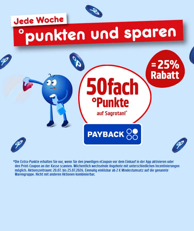 Diese Grafik zeigt auf hellblauem Hintergrund eine PAYBACK-Darstellung mit mehreren schwebenden blauen PAYBACK-Punkten. Oben steht auf einem wei&szlig;en und roten Banner &bdquo;Jede Woche punkten und sparen&ldquo;. Darunter ist links ein blauer Pointee mit Megafon zu sehen. Rechts daneben steht in einer wei&szlig;en Sprechblase mit rotem Rand &bdquo;f&uuml;nfzigfach Punkte auf Sagrotan&ldquo;, daneben in einem roten Kreis &bdquo;minus f&uuml;nfundzwanzig Prozent Rabatt&ldquo;. Unter der Sprechblase befindet sich das PAYBACK-Logo. Unten steht als Sternchentext, dass die Extrapunkte nur gew&auml;hrt werden, wenn der jeweilige Coupon vor dem Einkauf in der App aktiviert oder der Print-Coupon an der Kasse gescannt wird, dass w&ouml;chentlich wechselnde Angebote mit unterschiedlichen Incentivierungen m&ouml;glich sind und dass der Aktionszeitraum vom zwanzigsten Juli bis zum f&uuml;nfundzwanzigsten Juli zweitausendsechsundzwanzig l&auml;uft. Grammatur- oder Euro-Preisangaben sind in dieser Grafik nicht zu sehen. Ganz unten befindet sich ein wei&szlig;er Button mit rotem Rand und roter Schrift &bdquo;Hier mehr erfahren&ldquo;, der zum Klicken einl&auml;dt.