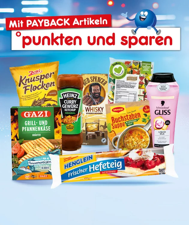 Diese Grafik zeigt auf hellblauem, leicht verschwommenem Hintergrund eine PAYBACK-Aktionswerbung mit einem roten Banner mit der Aufschrift &bdquo;Mit PAYBACK Artikeln&ldquo;, darunter auf wei&szlig;er Fl&auml;che den Text &bdquo;punkten und sparen&ldquo; mit kleinem Kreiszeichen davor, sowie oben rechts einen l&auml;chelnden blauen Pointee. In der Mitte sind verschiedene Aktionsprodukte abgebildet, darunter Knusper Flocken, Grill- und Pfannenk&auml;se, Heinz Curry Gew&uuml;rz Ketchup, Whisky, Buchstaben Suppe, weitere verpackte Lebensmittel, Gliss Shampoo, Tzatziki und frischer Hefeteig mit einem Kuchenst&uuml;ck. Ganz unten befindet sich ein wei&szlig;er Button mit roter Umrandung und der Aufschrift &bdquo;Jetzt Angebote entdecken&ldquo;, der zum Klicken einl&auml;dt.
