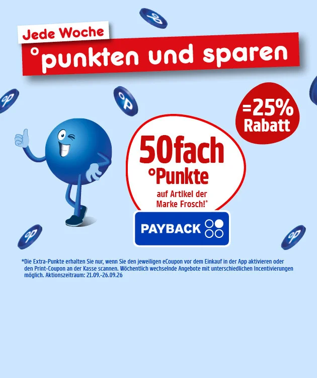 Diese Grafik zeigt auf hellblauem Hintergrund den Schriftzug &bdquo;Jede Woche punkten und sparen&ldquo;, mehrere kleine PAYBACK-Symbole und einen fr&ouml;hlichen blauen Pointee, mit einem zugekniffenen linken Auge. In zwei Kreisen stehen &bdquo;f&uuml;nfzigfach Punkte auf Artikel der Marke Frosch&ldquo; mit PAYBACK-Logo sowie &bdquo;minus f&uuml;nfundzwanzig Prozent Rabatt&ldquo;. Der Sternchentext weist darauf hin, dass die Extra-Punkte nur mit aktiviertem Coupon in der App oder mit gescanntem Print-Coupon an der Kasse gelten, dass die Angebote w&ouml;chentlich wechseln, nur bei teilnehmenden M&auml;rkten verf&uuml;gbar sind und der Aktionszeitraum vom ersten September bis zum neunundzwanzigsten September zweitausendsechsundzwanzig l&auml;uft. Unten befindet sich ein Button mit der Aufschrift &bdquo;Hier mehr erfahren&ldquo;, der zum Klicken einl&auml;dt.