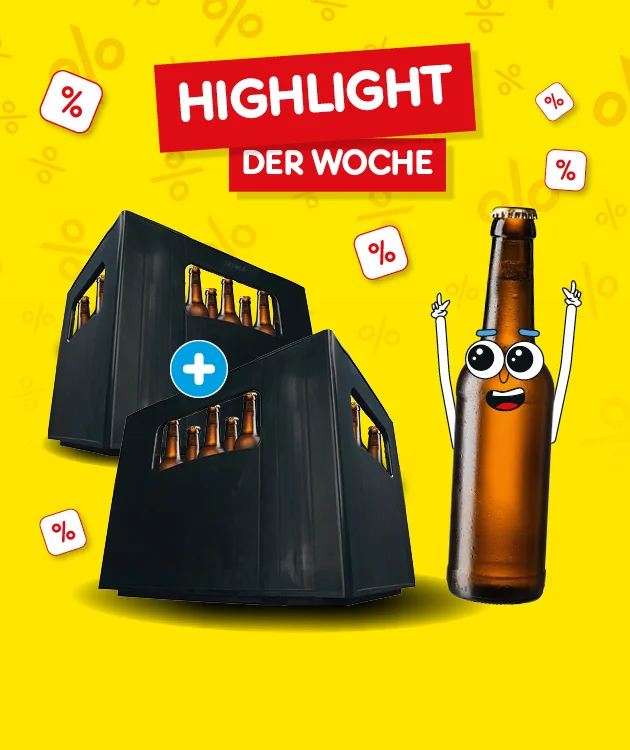 Diese Grafik zeigt vor gelbem Hintergrund mit kleinen Prozentzeichen den Schriftzug &bdquo;Highlight der Woche&ldquo;, daneben zwei schwarze Getr&auml;nkek&auml;sten mit Flaschen sowie eine gro&szlig;e Bierflasche mit Augen und erhobenen Armen; unten befindet sich ein Button &bdquo;Weitere Angebote entdecken&ldquo;, der zum Klicken einl&auml;dt.