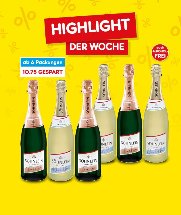 Das Bild zeigt sechs Flaschen Sekt der Marke S&ouml;hnlein, darunter verschiedene Sorten wie trocken und alkoholfrei. Im Hintergrund ist ein gelber Farbverlauf mit Prozentzeichen. Oben steht in wei&szlig;er Schrift auf rotem Hintergrund &bdquo;Highlight der Woche&ldquo;. Links daneben ist ein blauer Kasten mit der Aufschrift &bdquo;ab sechs Packungen&ldquo;, darunter in rot &bdquo;zehn Euro f&uuml;nfundsiebzig gespart&ldquo;. Rechts oben befindet sich ein roter Kreis mit dem Hinweis &bdquo;auch alkoholfrei&ldquo;. Unten mittig ein wei&szlig;es Feld mit roter Schrift: &bdquo;Weitere Angebote entdecken&ldquo;, das zum Klicken einl&auml;dt.