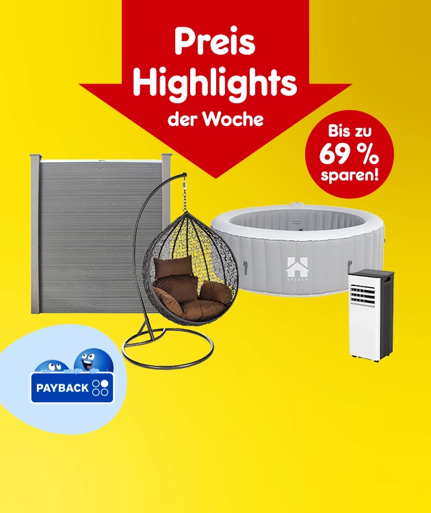 Abgebildet sind ein Sichtschutzzaun, ein H&auml;ngesessel, ein aufblasbarer Whirlpool und ein mobiles Klimager&auml;t sowie der Hinweis &bdquo;Bis zu 69 % sparen!&ldquo; und ein PAYBACK-Logo.
