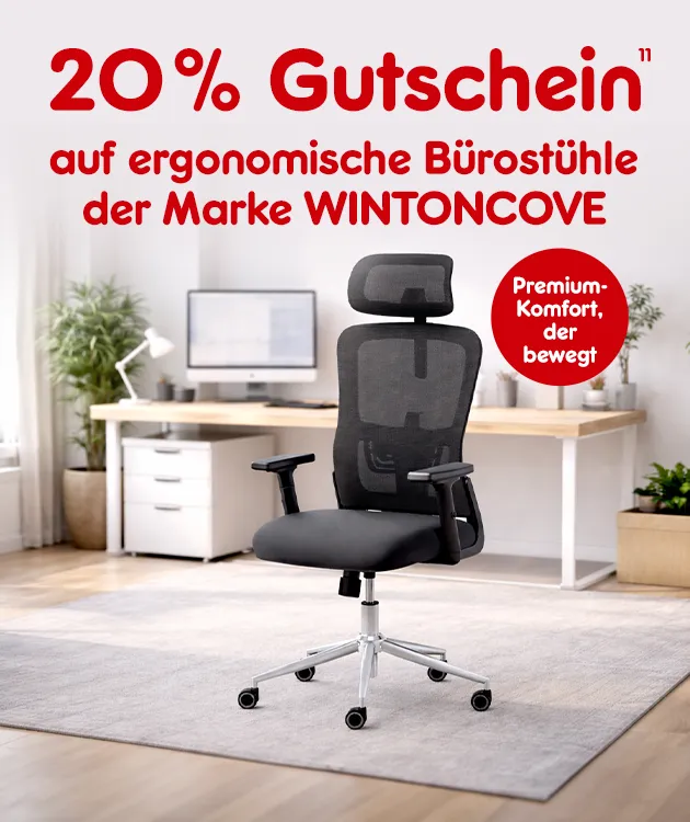 20 Prozent Gutschein auf ergonomische B&uuml;rost&uuml;hle der Marke Wintoncove. Ein Premiumkomfort der bewegt. Bei Netto Online mit Hochzahl 11 als Hinweis auf Rechtstext
