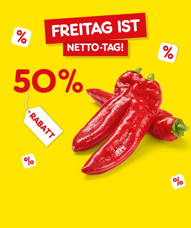 Diese Grafik zeigt auf leuchtend gelbem Hintergrund mehrere kleine Prozentzeichen, oben ein rotes Banner mit der wei&szlig;en Aufschrift &bdquo;Freitag ist Netto-Tag!&ldquo;, links gro&szlig; den Schriftzug &bdquo;f&uuml;nfzig Prozent Rabatt&ldquo; und rechts zwei rote Spitzpaprika. Neben dem Rabatt-Hinweis ist ein wei&szlig;es Etikett mit rotem Rand und der Aufschrift &bdquo;Rabatt&ldquo; zu sehen. Ganz unten befindet sich ein wei&szlig;er Button mit rotem Rand und roter Schrift &bdquo;Weitere Kracher-Angebote&ldquo;, der zum Klicken einl&auml;dt.