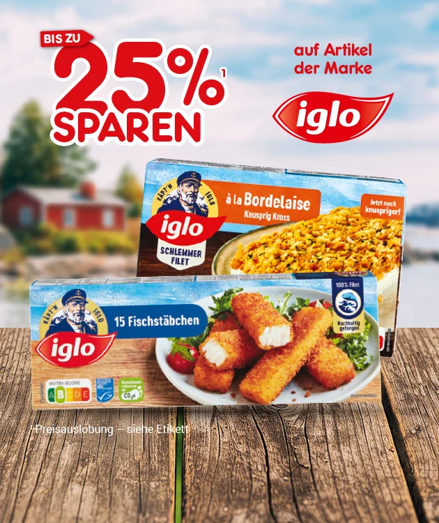iese Grafik zeigt auf einem Holzuntergrund vor einem unscharfen Hintergrund mit Wasser, Himmel und Haus den Hinweis &bdquo;bis zu zwanzig Prozent sparen&ldquo; auf Artikel der Marke &bdquo;iglo&ldquo;. Abgebildet sind zwei Tiefk&uuml;hlprodukte der Marke iglo, darunter &bdquo;Schlemmer Filet &agrave; la Bordelaise, knusprig kross&ldquo; und &bdquo;f&uuml;nfzehn Fischst&auml;bchen&ldquo;. Unten links steht der Sternchentext &bdquo;Preisauslobung &ndash; siehe Etikett&ldquo;. Ganz unten l&auml;dt ein Button mit der Aufschrift &bdquo;Weitere Sparangebote entdecken&ldquo; zum Klicken ein.