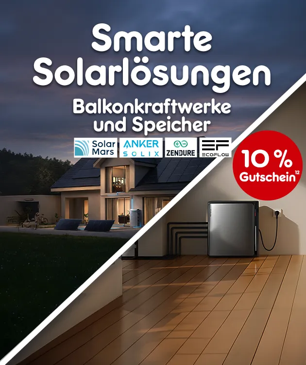 Smarte Solarl&ouml;sungen - Balkonkraftwerke und Speicher. Bei Netto Online mit Hochzahl 12 welche auf rechtliche Hinweise verweist.