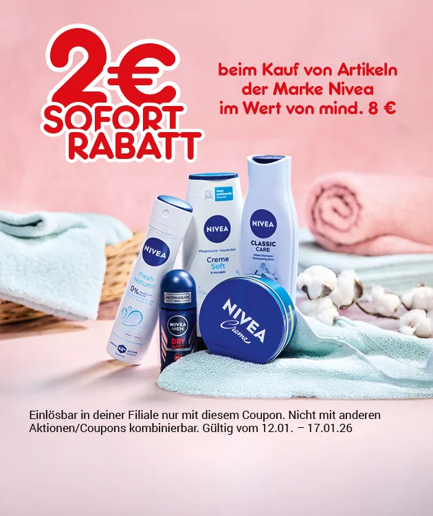 Auf dem Bild sieht man eine rosafarbene Angebotsgrafik mit mehreren Nivea-K&ouml;rperpflegeprodukten wie Duschgel, Creme und Lotion. Oben steht &bdquo;zwei Euro Sofortrabatt&ldquo;. Daneben der Text &bdquo;beim Kauf von Artikeln der Marke Nivea im Wert von mindestens acht Euro&ldquo;. Unten steht ein Sternchentext mit Hinweis zur Coupon-Einl&ouml;sung, Aktionszeitraum und Kombinierbarkeit. Am unteren Rand ein Button &bdquo;Weitere Sparangebote entdecken&ldquo;.