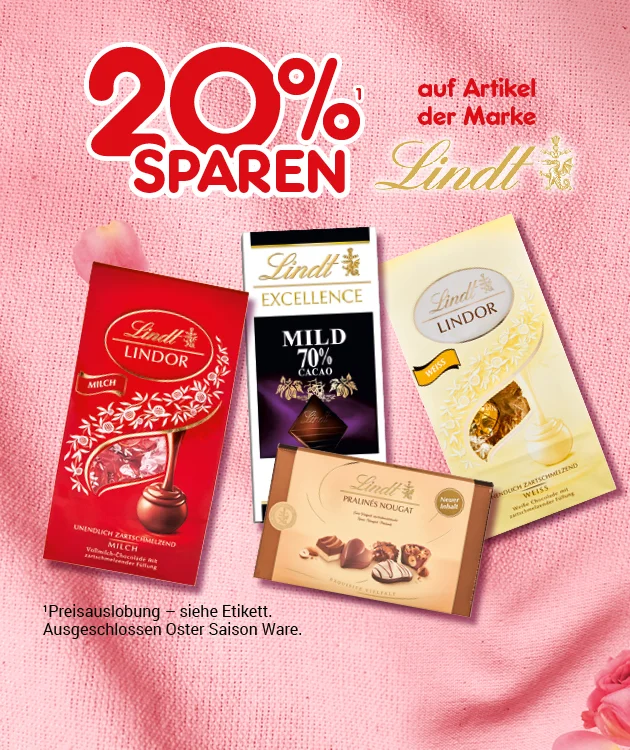 Grafik mit rosa Hintergrund. Oben steht in gro&szlig;en roten Buchstaben &bdquo;Zwanzig Prozent sparen&ldquo; und daneben in kleiner roter Schrift &bdquo;auf Artikel der Marke Lindt&ldquo; mit Lindt-Logo. Im Vordergrund sind verschiedene Lindt-Produkte abgebildet: Lindor Pralinen, Lindt Excellence Schokolade und Lindt Tafelschokolade. Unten links steht klein &bdquo;Preisauslobung &ndash; siehe Etikett&ldquo;. Unten mittig befindet sich ein wei&szlig;er Button mit rotem Rand und roter Schrift: &bdquo;Weitere Sparangebote entdecken&ldquo;, der zum Klicken einl&auml;dt.