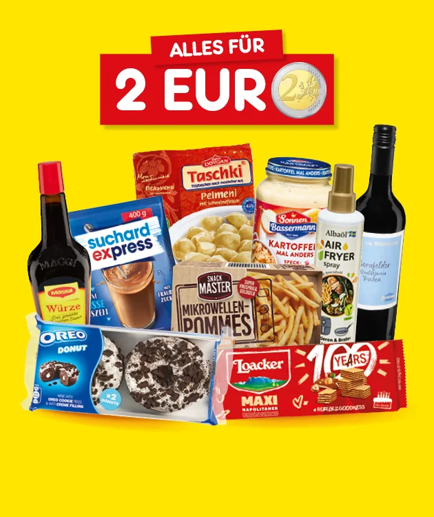 Gelber Hintergrund mit rotem Banner &bdquo;Alles f&uuml;r zwei Euro&ldquo; und einer Zwei-Euro-M&uuml;nze. Davor verschiedene Lebensmittel wie Suchard Express Kakaopulver, Master Kordelwurst, Kartoffel Pommes, Airfryer Pommes, Rotk&auml;ppchen Sekt, Loacker Maxi Waffeln, Oreo Eis, Miracoli Sauce, &Ouml;l und eine Flasche Wein. Unten ein wei&szlig;er Button mit rotem Rand und roter Schrift: &bdquo;Jetzt Angebote entdecken&ldquo;, der zum Klicken einl&auml;dt.