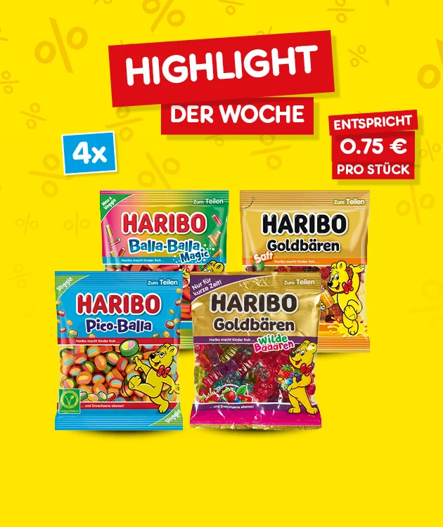 Grafik mit gelben Hintergrund und dezenten Prozentzeichen-Mustern. Oben mittig zwei rote Banner mit wei&szlig;er Schrift &bdquo;Highlight der Woche. Links daneben ein blaues Label mit wei&szlig;er Schrift &bdquo;viermal&ldquo;. Rechts oben ein rotes Preisschild mit wei&szlig;er Schrift: &bdquo;entspricht f&uuml;nfundsiebzig Cent pro St&uuml;ck&ldquo;. Darunter sind vier Haribo-Beutel als Produktabbildungen angeordnet: &bdquo;Haribo Balla-Balla Magic&ldquo;,&bdquo;Haribo Goldb&auml;ren&ldquo;, &bdquo;Haribo Pico-Balla&ldquo;, &bdquo;Haribo Goldb&auml;ren Wilde B&auml;ren&ldquo;. Unten mittig ein Button &bdquo;Weitere Angebote entdecken&ldquo;, der zum Klicken einl&auml;dt.