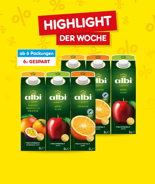 Bild mit gelbem Hintergrund und Prozentzeichen. Oben mittig ein rotes Feld mit weißer Schrift: „Highlight der Woche“. Darunter sechs Getränkekartons der Marke albi, Sorten Mango Maracuja Orange, Apfel klar und Orange, jeweils ein Liter. Links oben ein blauer Kasten mit weißer Schrift: „sechs Packungen“ und darunter ein weißer Kasten mit roter Schrift: „sechs Euro gespart“. Unten mittig ein weiß-roter Button mit der Aufschrift: „Weitere Angebote entdecken“, der zum Klicken einlädt.