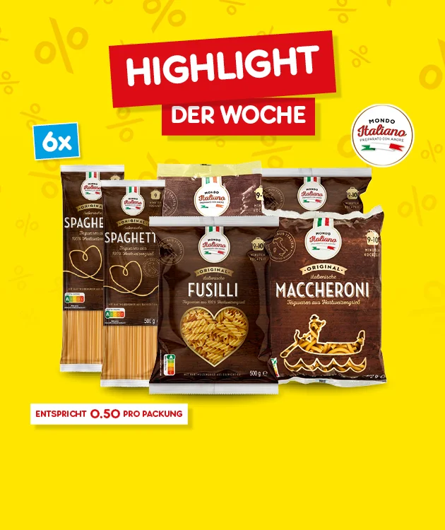 Gelber Hintergrund mit dezent eingestreuten Prozentzeichen. Oben mittig rotes Banner mit wei&szlig;er Schrift &bdquo;Highlight&ldquo;, darunter roter Kasten mit wei&szlig;er Schrift &bdquo;Der Woche&ldquo;. Links oben ein blaues Feld mit &bdquo;sechs Mal&ldquo;. In der Mitte mehrere Pasta-Produkte, darunter Packungen mit den Bezeichnungen &bdquo;Spaghetti&ldquo;, &bdquo;Fusilli&ldquo; und &bdquo;Maccheroni&ldquo;; oben rechts zus&auml;tzlich das Markenlogo &bdquo;Mondo Italiano&ldquo;. Rechts oben ist ein Logo der Marke Mondo Italiano zu sehen. Unten links ein roter Sternchentext-Kasten &bdquo;Entspricht f&uuml;nfzig Cent pro Packung&ldquo;. Ganz unten ein wei&szlig;er Button mit rotem Rand und roter Schrift &bdquo;Weitere Angebote entdecken&ldquo;, der zum Klicken einl&auml;dt.