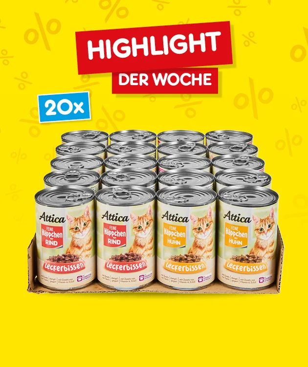 Gelber Hintergrund mit rotem Banner &bdquo;Highlight der Woche&ldquo;. Darunter ein Karton mit zwanzig Dosen Atica Katzenfutter, Sorte Gefl&uuml;gel in Gelee. Links oben ein blaues Feld mit wei&szlig;er Schrift: &bdquo;Zwanzig Mal&ldquo;. Unten ein wei&szlig;er Button mit rotem Rand und roter Schrift: &bdquo;Weitere Angebote entdecken&ldquo;, der zum Klicken einl&auml;dt.