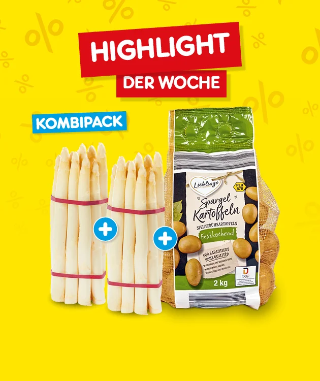 Motiv mit gelbem Hintergrund. Oben steht &bdquo;Highlight der Woche&ldquo;. Links &bdquo;Kombipack&ldquo; mit wei&szlig;em Spargel, daneben ein Beutel Kartoffeln; dazwischen zwei blaue Plus-Symbole. Unten ein Button &bdquo;Weitere Angebote entdecken&ldquo;; der Button l&auml;dt zum Klicken ein.