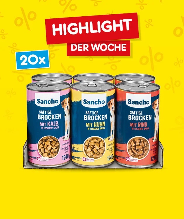 Bild zeigt drei Dosen Sancho Hundefutter in den Sorten Kalb, Huhn und Rind, jeweils mit einhundertvierundzwanzig Gramm Inhalt. Oben steht &bdquo;Highlight der Woche&ldquo; in wei&szlig;er Schrift auf rotem Hintergrund. Links ist ein blaues Feld mit &bdquo;Zwanzig mal&ldquo;. Unten befindet sich ein wei&szlig;-roter Button mit der Aufschrift &bdquo;Weitere Angebote entdecken&ldquo;, der zum Klicken einl&auml;dt.