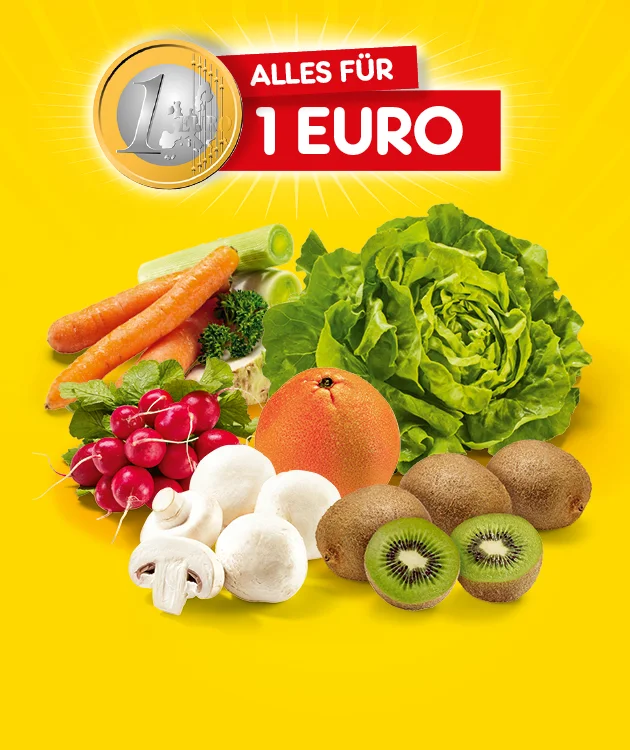 Gelber Hintergrund mit Strahlen; oben links eine ein-Euro-M&uuml;nze und Text: &bdquo;Alles f&uuml;r ein Euro&ldquo;. Darunter Obst und Gem&uuml;se: Karotten mit Lauch und Kr&auml;utern, Radieschen, Champignons, eine Grapefruit, ein Kopfsalat sowie Kiwis. Unten ein Button &bdquo;Jetzt Angebote entdecken&ldquo;, der zum Klicken einl&auml;dt.
