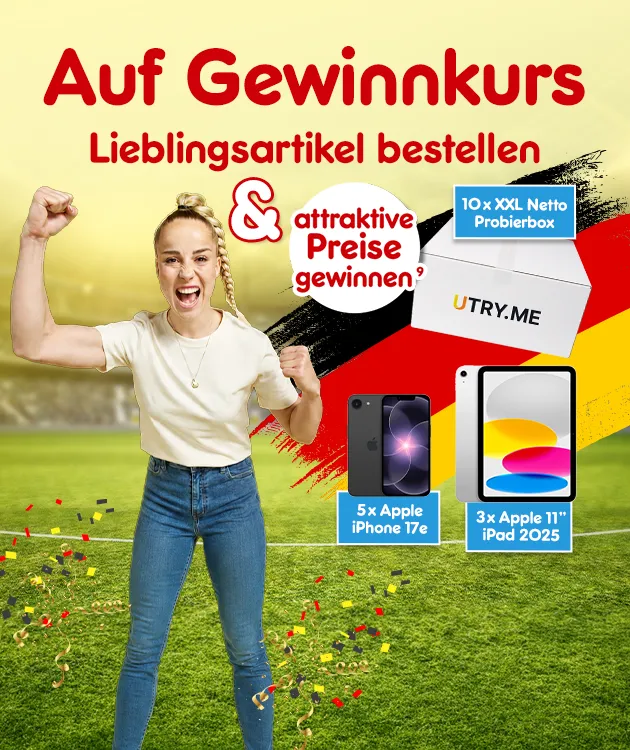 Lieblingsartikel kaufen und attraktive Preise gewinnen. Habe die Chance auf eine von zehn XXL Netto Probierboxen, auf eines von f&uuml;nf Apple iPhones 17e und auf eines von drei Apple 11&ldquo; iPads 2025.