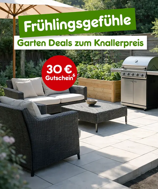 Fr&uuml;hlingsgef&uuml;hle Garten Deals zum Knallerpreis mit einem 30&euro; Gutschein und Hochzahl 6 als hinweis auf Rechtstext bei Netto online