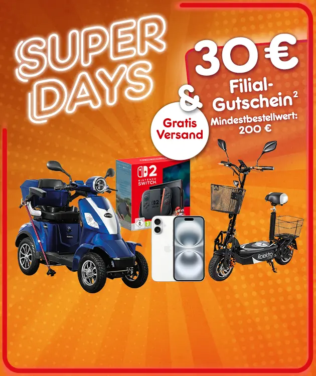 Superdays mit 30&euro; Filialgutschein ab 200&euro; Mindestbestellwert und gratis Versand bei Netto Online mit Hochzahl 2 verweisend auf Rechtstext