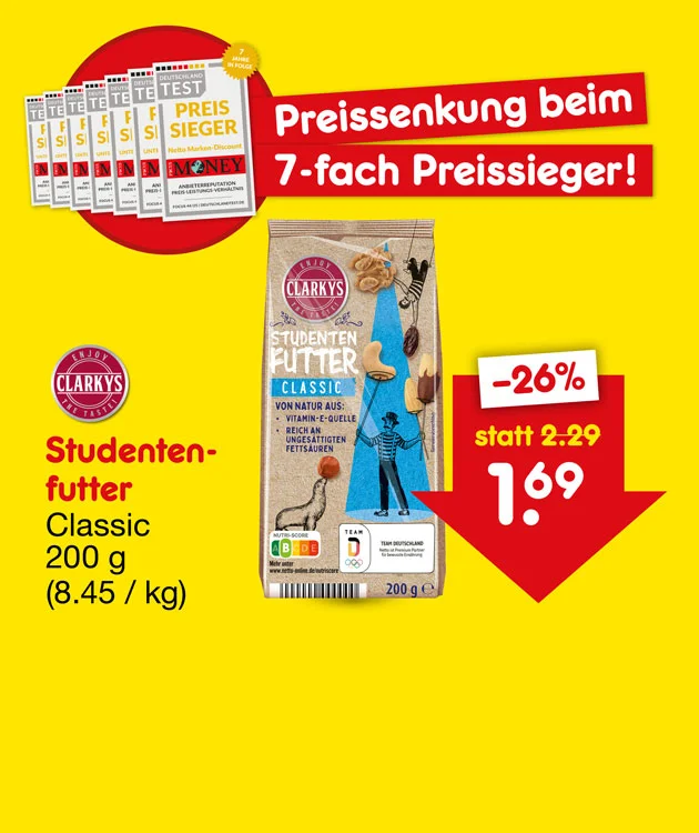 Diese Grafik zeigt auf gelbem Hintergrund links mehrere Testsiegel mit dem Hinweis &bdquo;Preis Sieger&ldquo; und den Text &bdquo;Preissenkung beim siebenfachen Preissieger!&ldquo;, in der Mitte eine Flasche Stern Orangensaft mit der Angabe &bdquo;ein Liter, zuz&uuml;glich f&uuml;nfundzwanzig Cent Pfand&ldquo;, rechts einen roten Preispfeil mit &bdquo;minus drei&szlig;ig Prozent&ldquo;, &bdquo;statt ein Euro neunundneunzig&ldquo; und dem neuen Preis &bdquo;ein Euro neununddrei&szlig;ig&ldquo;, sowie unten einen Button mit der Aufschrift &bdquo;Weitere preisgesenkte Artikel&ldquo;, der zum Klicken einl&auml;dt.