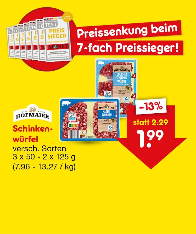 Diese Grafik zeigt auf gelbem Hintergrund links mehrere Testsiegel mit dem Hinweis &bdquo;Preis Sieger&ldquo; und den Text &bdquo;Preissenkung beim siebenfachen Preissieger!&ldquo;, in der Mitte eine Flasche Stern Orangensaft mit der Angabe &bdquo;ein Liter, zuz&uuml;glich f&uuml;nfundzwanzig Cent Pfand&ldquo;, rechts einen roten Preispfeil mit &bdquo;minus drei&szlig;ig Prozent&ldquo;, &bdquo;statt ein Euro neunundneunzig&ldquo; und dem neuen Preis &bdquo;ein Euro neununddrei&szlig;ig&ldquo;, sowie unten einen Button mit der Aufschrift &bdquo;Weitere preisgesenkte Artikel&ldquo;, der zum Klicken einl&auml;dt.