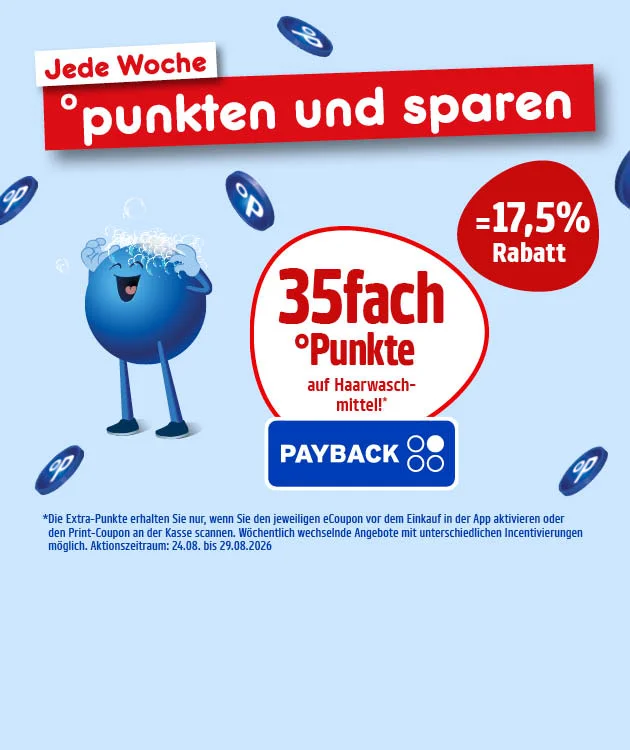 Diese Grafik zeigt auf hellblauem Hintergrund eine PAYBACK-Werbung mit schwebenden blauen PAYBACK-Punkten, dem Schriftzug &bdquo;Jede Woche punkten und sparen&ldquo;, einem lachenden blauen Pointee links, mit Schaum auf dem Kopf, sowie zwei roten Kreisen mit den Aussagen &bdquo;f&uuml;nfunddrei&szlig;igfach Punkte auf Haarwaschmittel&ldquo; und &bdquo;gleich siebzehn Komma f&uuml;nf Prozent Rabatt&ldquo;. Darunter steht der Sternchentext: &bdquo;Die Extra-Punkte erhalten Sie nur, wenn Sie den jeweiligen eCoupon vor dem Einkauf in der App aktivieren oder den Print-Coupon an der Kasse scannen. W&ouml;chentlich wechselnde Angebote mit unterschiedlichen Incentivierungen m&ouml;glich. Aktionszeitraum: vierundzwanzigster August bis neunundzwanzigster August zweitausendsechsundzwanzig.&ldquo; Ganz unten befindet sich ein Button mit der Aufschrift &bdquo;Hier mehr erfahren&ldquo;, der zum Klicken einl&auml;dt.
