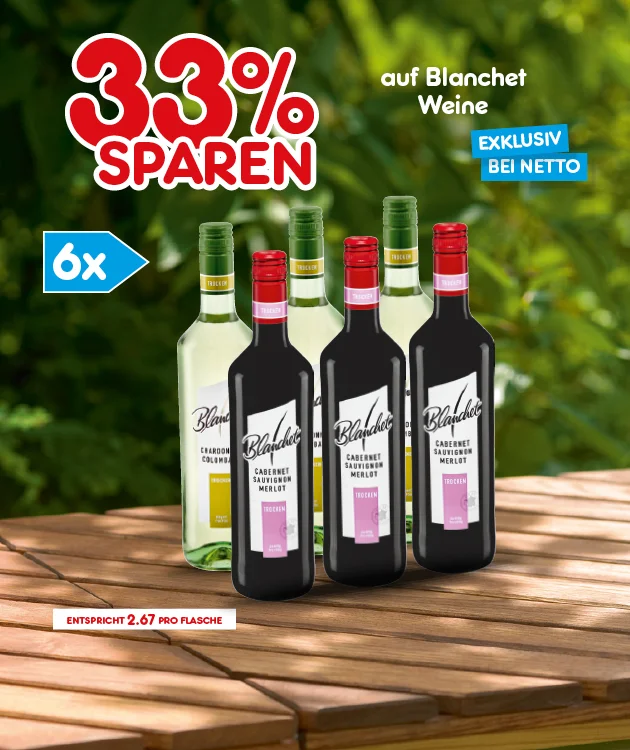 Diese Grafik zeigt vor gr&uuml;nem, unscharfem Hintergrund und auf einem Holztisch den Hinweis &bdquo;siebenunddrei&szlig;ig Prozent sparen auf Blanchet Weine&ldquo;, den Zusatz &bdquo;Exklusiv bei Netto&ldquo; sowie zwei Sechsertr&auml;ger mit Blanchet-Wein: links Rotwein und rechts Wei&szlig;wein. Zus&auml;tzlich steht dort &bdquo;entspricht zwei Euro f&uuml;nfzig pro Flasche&ldquo;. Unten befindet sich ein Button mit der Aufschrift &bdquo;Weitere Sparangebote entdecken&ldquo;, der zum Klicken einl&auml;dt.