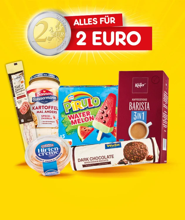 Auf dem Bild sieht man eine gelbe Angebotsgrafik mit einer Zwei-Euro-M&uuml;nze und dem roten Schriftzug Alles f&uuml;r zwei Euro. Gezeigt werden verschiedene Produkte wie ein Getr&auml;nkekarton, Kartoffelp&uuml;ree, ein fruchtiges Wassereis oder Getr&auml;nk, ein runder Becher, ein Schokodessert oder Eisprodukt und ein Barista-Haferdrink. Unten steht der Button Jetzt Angebote entdecken. Der Hintergrund ist gelb und strahlt von oben.