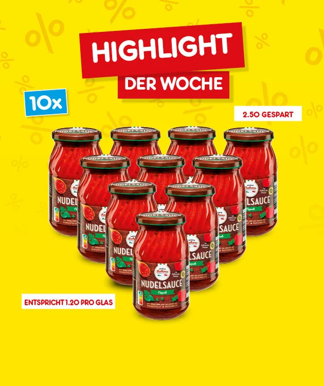 Gelber Hintergrund mit Prozentzeichen. Oben in roten K&auml;sten: &bdquo;Highlight der Woche&ldquo;. Links ein blauer Klinker: &bdquo;zehn mal&ldquo;. Rechts oben: &bdquo;zwei Euro f&uuml;nfzig gespart&ldquo;. In der Mitte zehn Gl&auml;ser Nudelso&szlig;e. Unten links steht: &bdquo;entspricht ein Euro zwanzig pro Glas&ldquo;. Ganz unten ein Button &bdquo;Weitere Angebote entdecken&ldquo;, der zum Klicken einl&auml;dt.