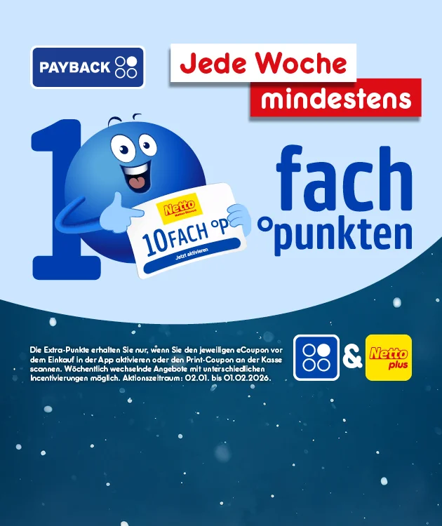 Grafik mit blauem Hintergrund und Sternenmuster. Links oben das Payback-Logo. In der Mitte ein blauer, l&auml;chelnder Pointee, der mit dem Finger auf einen Coupon zeigt. Daneben steht in gro&szlig;er Schrift: "Jede Woche mindestens zehnfach punkten". Unten links die Logos von Payback und Netto plus. Unten rechts ein gelber Button mit rotem Rand und der Aufschrift "Hier mehr erfahren", der zum Klicken einl&auml;dt.