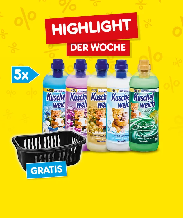 Diese Grafik zeigt auf gelbem Hintergrund mit Prozentzeichen den Schriftzug &bdquo;Highlight der Woche&ldquo;, den Hinweis &bdquo;siebenmal&ldquo;, mehrere Flaschen der Marke Kuschelweich, einen schwarzen Korb mit dem Hinweis &bdquo;gratis&ldquo; und unten den Button &bdquo;Weitere Highlight-Angebote entdecken&ldquo;, der zum Klicken einl&auml;dt.