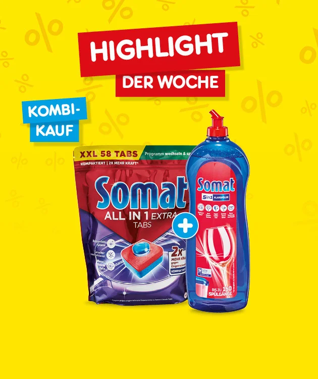 Diese Grafik zeigt auf leuchtend gelbem Hintergrund mit eingestreuten Prozentzeichen ein rotes Schild mit &bdquo;Highlight&ldquo; und darunter &bdquo;der Woche&ldquo;, daneben ein blaues Feld mit &bdquo;Kombi-Pack&ldquo;. In der Mitte sind ein Beutel &bdquo;Somat All in one extra Tabs&ldquo; mit dem Hinweis &bdquo;XXL achtundf&uuml;nfzig Tabs&ldquo; und daneben eine rot-blaue Somat-Flasche abgebildet, verbunden durch ein blaues Pluszeichen. Ganz unten befindet sich ein wei&szlig;er Button mit roter Umrandung und der Aufschrift &bdquo;Weitere Highlight-Angebote entdecken&ldquo;, der zum Klicken einl&auml;dt.