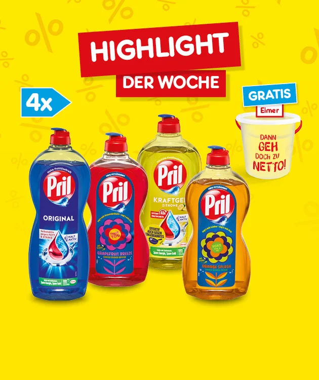 Diese Grafik zeigt auf gelbem Hintergrund mit Prozentzeichen die &Uuml;berschrift &bdquo;Highlight der Woche&ldquo;, einen blauen Pfeil mit der Angabe &bdquo;vier Mal&ldquo;, vier Pril-Sp&uuml;lmittel in verschiedenen Farben sowie einen wei&szlig;en Eimer mit der Aufschrift &bdquo;Dann geh doch zu Netto!&ldquo; und dem Hinweis &bdquo;gratis&ldquo;. Unten befindet sich ein Button mit der Aufschrift &bdquo;Weitere Highlight-Angebote entdecken&ldquo;, der zum Klicken einl&auml;dt.