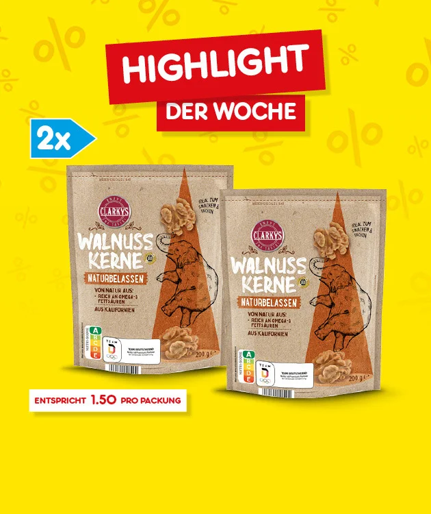 Diese Grafik zeigt auf gelbem Hintergrund mit dezenten Prozentzeichen oben das rote Schild &bdquo;Highlight der Woche&ldquo;, links ein blaues Feld mit &bdquo;zwei Mal&ldquo;, in der Mitte zwei Packungen &bdquo;Walnuss Kerne&ldquo; und darunter den Hinweis &bdquo;entspricht ein Euro f&uuml;nfzig pro Packung&ldquo;; ganz unten l&auml;dt ein Button mit der Aufschrift &bdquo;Weitere Highlight-Angebote entdecken&ldquo; zum Klicken ein.