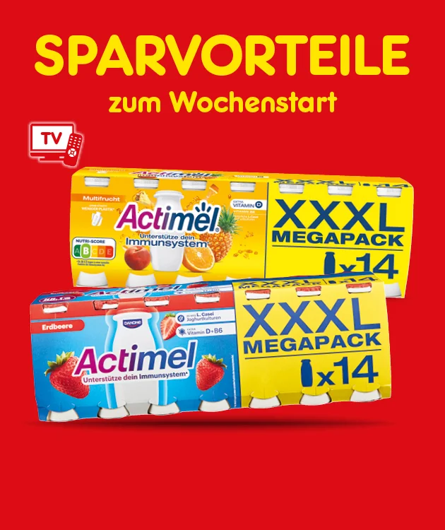 Diese Grafik zeigt auf rotem Hintergrund die gelbe &Uuml;berschrift &bdquo;SPARVORTEILE zum Wochenstart&ldquo;. Abgebildet sind zwei Actimel-XXXL-Megapacks mit jeweils vierzehn Fl&auml;schchen: eine gelbe Packung Multifrucht mit abgebildeten Fr&uuml;chten und eine hellblaue Packung Erdbeere mit Erdbeeren. Der wei&szlig;e Button unten l&auml;dt zum Klicken ein: &bdquo;Weitere Sparangebote entdecken&ldquo;.