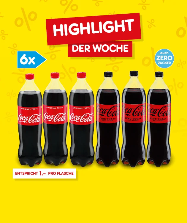 Diese Grafik zeigt einen gelben Hintergrund mit Prozentzeichen. Oben steht als Headline &bdquo;Highlight der Woche&ldquo;. Links steht in einem blauen Feld &bdquo;sechsmal&ldquo;. Daneben sind sechs Coca-Cola-Flaschen abgebildet. Unten steht klein &bdquo;entspricht ein Euro pro Flasche&ldquo;. Ganz unten ist ein Button &bdquo;Weitere Angebote entdecken&ldquo;, der zum Klicken einl&auml;dt.
