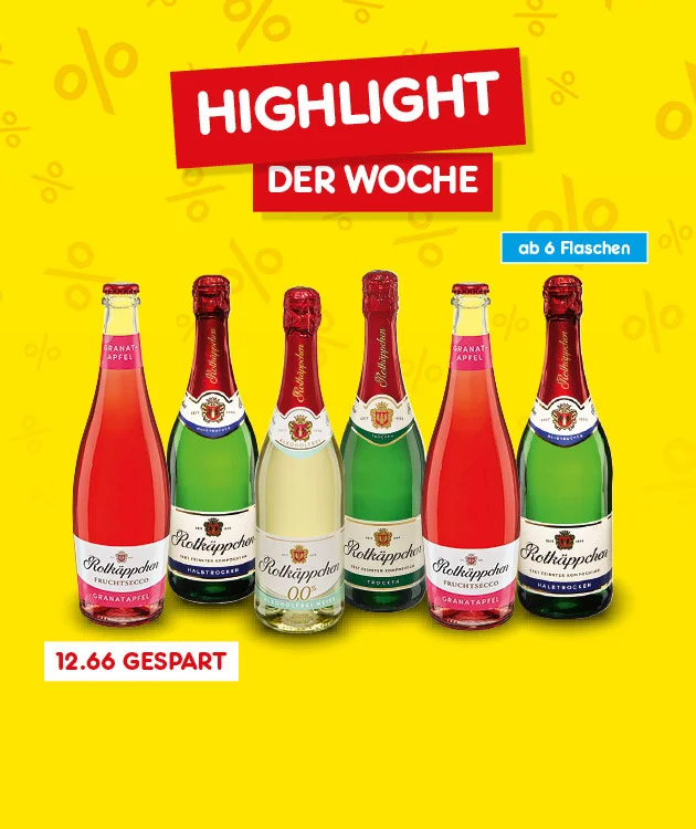 Diese Grafik zeigt auf gelbem Hintergrund mit dezenten Prozentzeichen die &Uuml;berschrift &bdquo;Highlight der Woche&ldquo;. Darunter sind sechs Flaschen Rotk&auml;ppchen in verschiedenen Sorten zu sehen, daneben der Hinweis &bdquo;ab sechs Flaschen&ldquo;. Unten links steht &bdquo;zw&ouml;lf Euro sechsundsechzig gespart&ldquo;. Ganz unten befindet sich ein wei&szlig;er Button mit roter Umrandung und roter Schrift &bdquo;Weitere Highlight-Angebote entdecken&ldquo;, der zum Klicken einl&auml;dt.