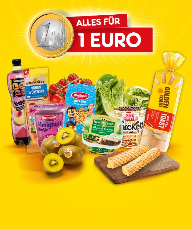 Diese Grafik zeigt vor gelbem Hintergrund den Schriftzug &bdquo;Alles f&uuml;r ein Euro&ldquo; sowie eine Zusammenstellung verschiedener Lebensmittel (unter anderem Obst, Wurst/Schinken, K&auml;se und Kn&auml;ckebrot) rund um ein Schneidebrett mit Geb&auml;ck darauf; unten befindet sich ein Button &bdquo;Jetzt Angebote entdecken&ldquo;, der zum Klicken einl&auml;dt.