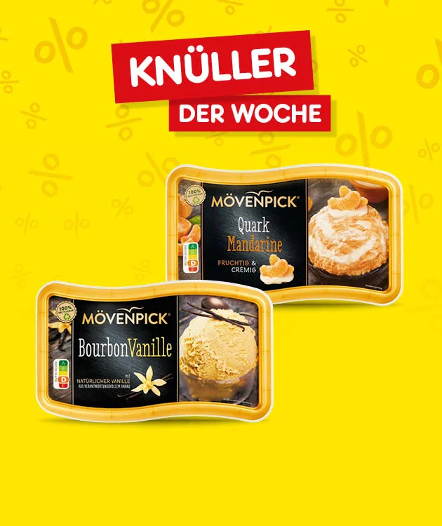 Diese Grafik zeigt auf gelbem Hintergrund mit vielen dezent eingestreuten Prozentzeichen oben zwei rote Banner mit der wei&szlig;en Aufschrift &bdquo;Kn&uuml;ller&ldquo; und &bdquo;der Woche&ldquo;. Darunter sind zwei Packungen M&ouml;venpick-Eis zu sehen. Oben rechts ist die Sorte &bdquo;Amarena Mandarine&ldquo; mit dem Zusatz &bdquo;Frucht und Eiscreme&ldquo; abgebildet, dazu eine Servierabbildung mit Eis und Frucht. Unten links ist die Sorte &bdquo;Bourbon Vanille&ldquo; zu sehen, ebenfalls mit einer Servierabbildung von hellem Eis. Ganz unten befindet sich ein wei&szlig;er Button mit rotem Rand und roter Schrift &bdquo;Weitere Kn&uuml;ller entdecken&ldquo;, der zum Klicken einl&auml;dt.