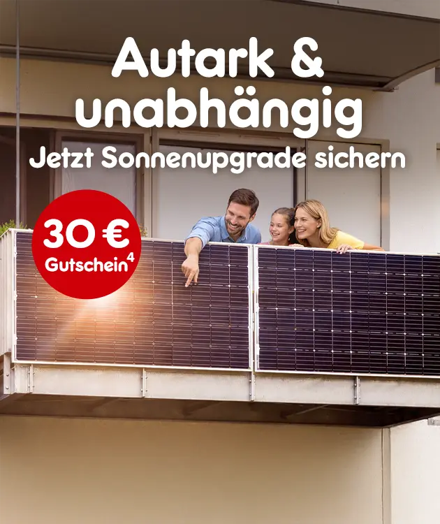 Autark und unabh&auml;ngig. Jetzt Sonnenupgrade sichern, 30 Euro Gutschein bei Netto Online, mit Hochzahl 4 die auf rechtliche Hinweise verweist