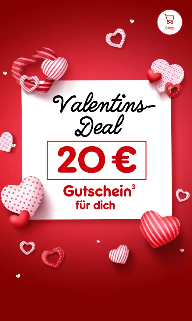 Valentins-Deal. 20 Euro Gutschein f&uuml;r dich mit Hochzahl 3 die auf rechtliche Hinweise verweist bei Netto Online