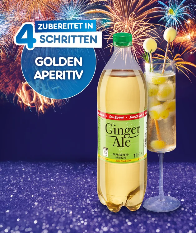 Grafik mit violettem Hintergrund und bunten Feuerwerken. Links ein blauer Kreis mit der Aufschrift "Zubereitet in vier Schritten Golden Aperitiv". Rechts steht eine Flasche Ginger Ale und daneben ein Glas mit Aperitif, Eisw&uuml;rfeln und Dekoration. Unten ein wei&szlig;er Button mit rotem Rand und der Aufschrift "Hier Rezept entdecken", der zum Klicken einl&auml;dt.