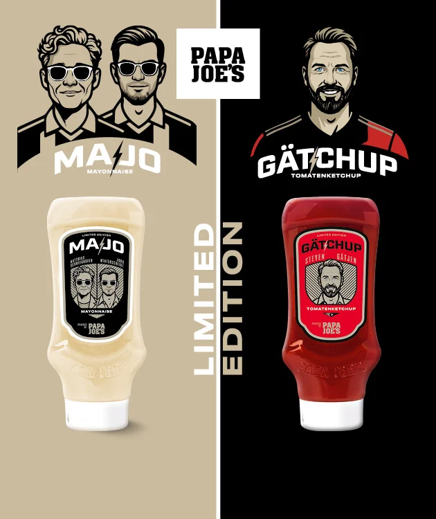 Diese Grafik zeigt eine zweigeteilte Darstellung von Papa Joe&rsquo;s: links auf beigem Hintergrund eine wei&szlig;e MAJO-Mayonnaiseflasche unter zwei stilisierten Personen und dem Schriftzug &bdquo;MAJO Mayonnaise&ldquo;, rechts auf schwarzem Hintergrund eine rote G&Auml;TCHUP-Tomatenketchupflasche unter einer stilisierten Person und dem Schriftzug &bdquo;G&Auml;TCHUP Tomatenketchup&ldquo;. In der Mitte steht senkrecht &bdquo;Limited Edition&ldquo;, oben mittig ist das Logo &bdquo;Papa Joe&rsquo;s&ldquo; zu sehen. Unten befindet sich ein wei&szlig;er Button mit rotem Rand und der Aufschrift &bdquo;Weitere Angebote entdecken&ldquo;, der zum Klicken einl&auml;dt.