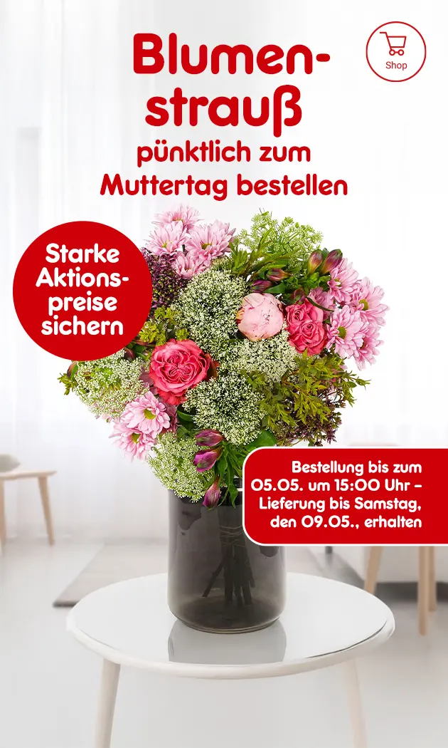 Blumenstrau&szlig; p&uuml;nktlich zum Muttertag bestellen. Starke Aktionspreise sichern. Bestellung bis zum 05.05. um 15:00 Uhr - Lieferung bis Samstag, den 09.05., erhalten