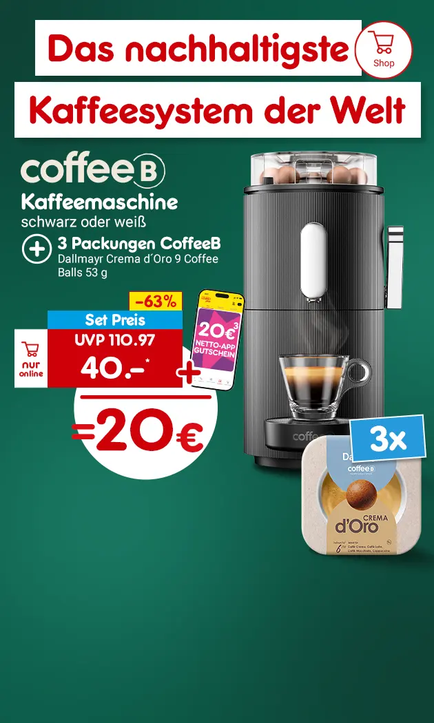 Nach erfolgreicher Registrierung deiner coffee B-Maschine unter coffeeb.com bekommst du einen 20 &euro; Gutschein f&uuml;r die NETTO App mit Hochzahl 3 verweisend auf Rechtstext