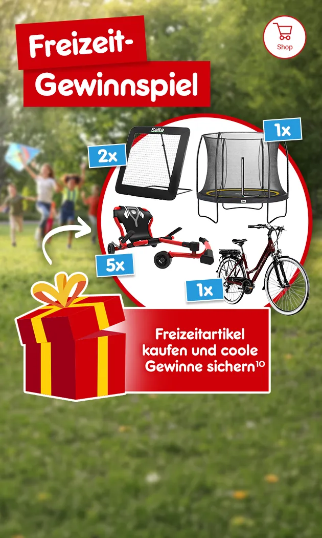 Freizeit-Gewinnspiel: Freizeitartikel kaufen und coole Gewinne, wie ein Fahrrad, ein Trampolin und vieles mehr sichern bei Netto-Online mit Hochzahl 10, die auf rechtliche Hinweise verweist.