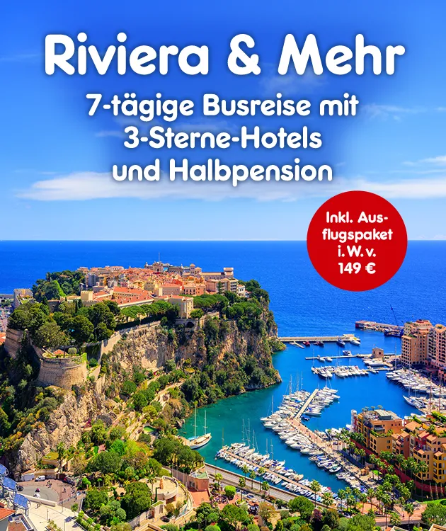 Riviera und Mehr auf einer 7 t&auml;gigen Busreise mit 3 Sterne Hotels und Halbpension inkl. AUsflugspaket im Wert von 149 Euro bei Netto Online