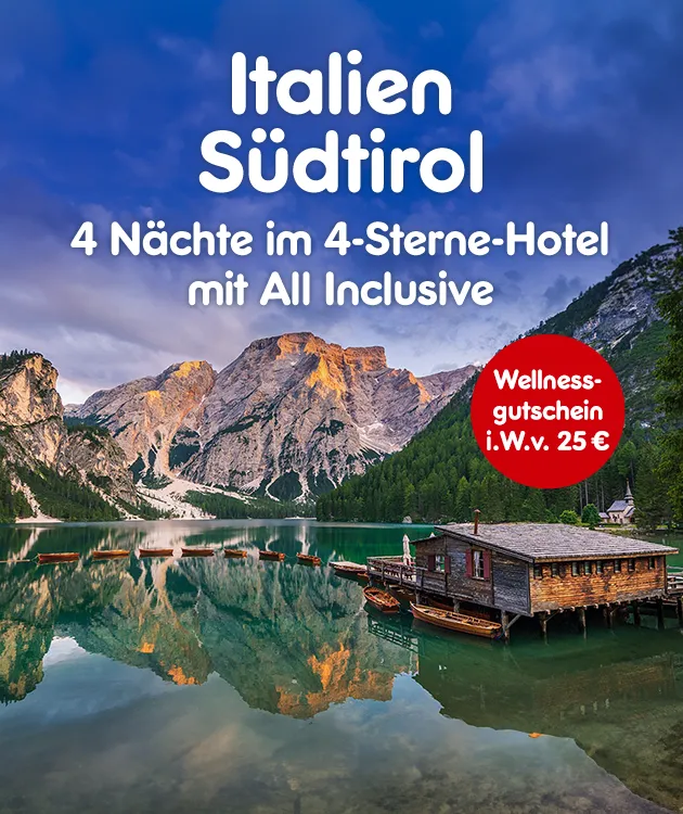 4 N&auml;chte im 4-Sterne-Hotel mit All Inclusive. Wellnessgutschein im Wert von 25Euro